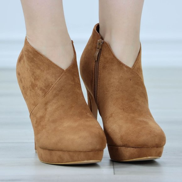 Tan High Heel Ankle Boots Platform Stilettos Faux Suede - Picture 8 of 13